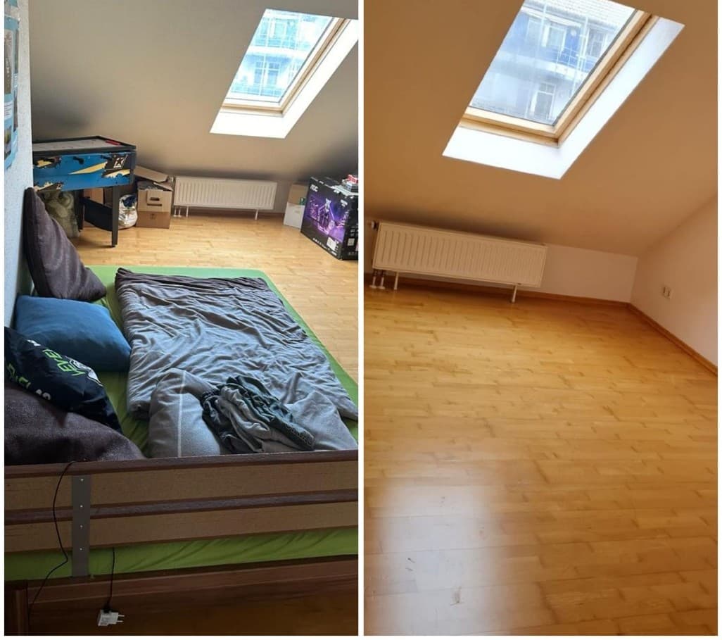 Entrümpelung – Dachzimmer mit Bett und Kartons vor der Räumung, danach leer und sauber