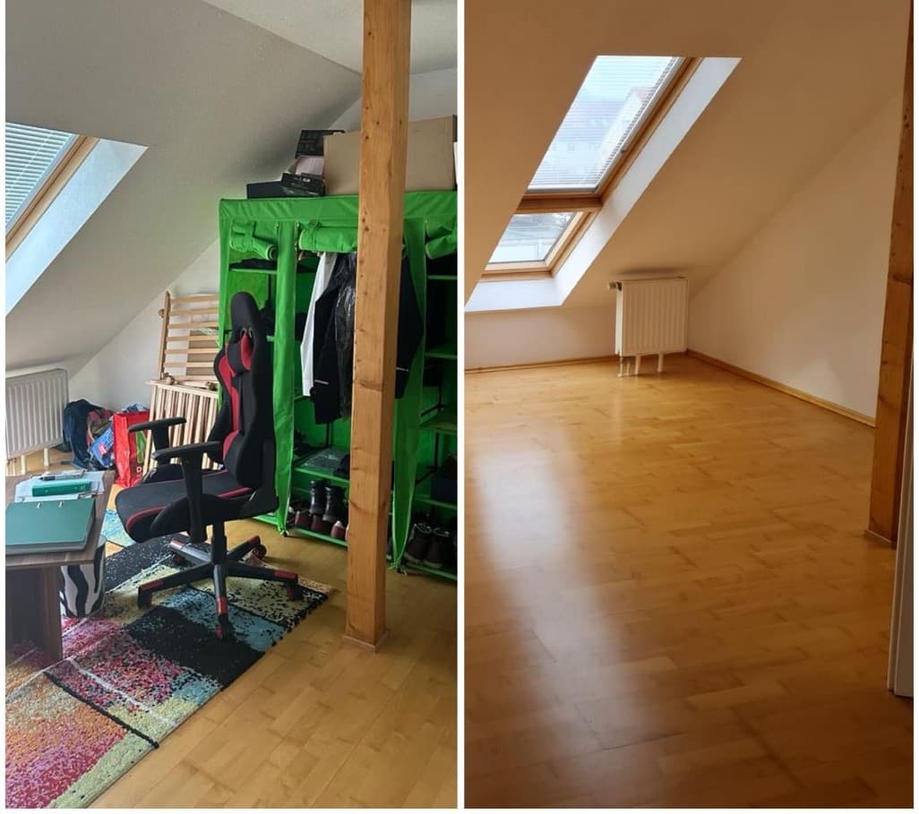 Entrümpelung – möbliertes Dachzimmer vor der Räumung, danach komplett geleert